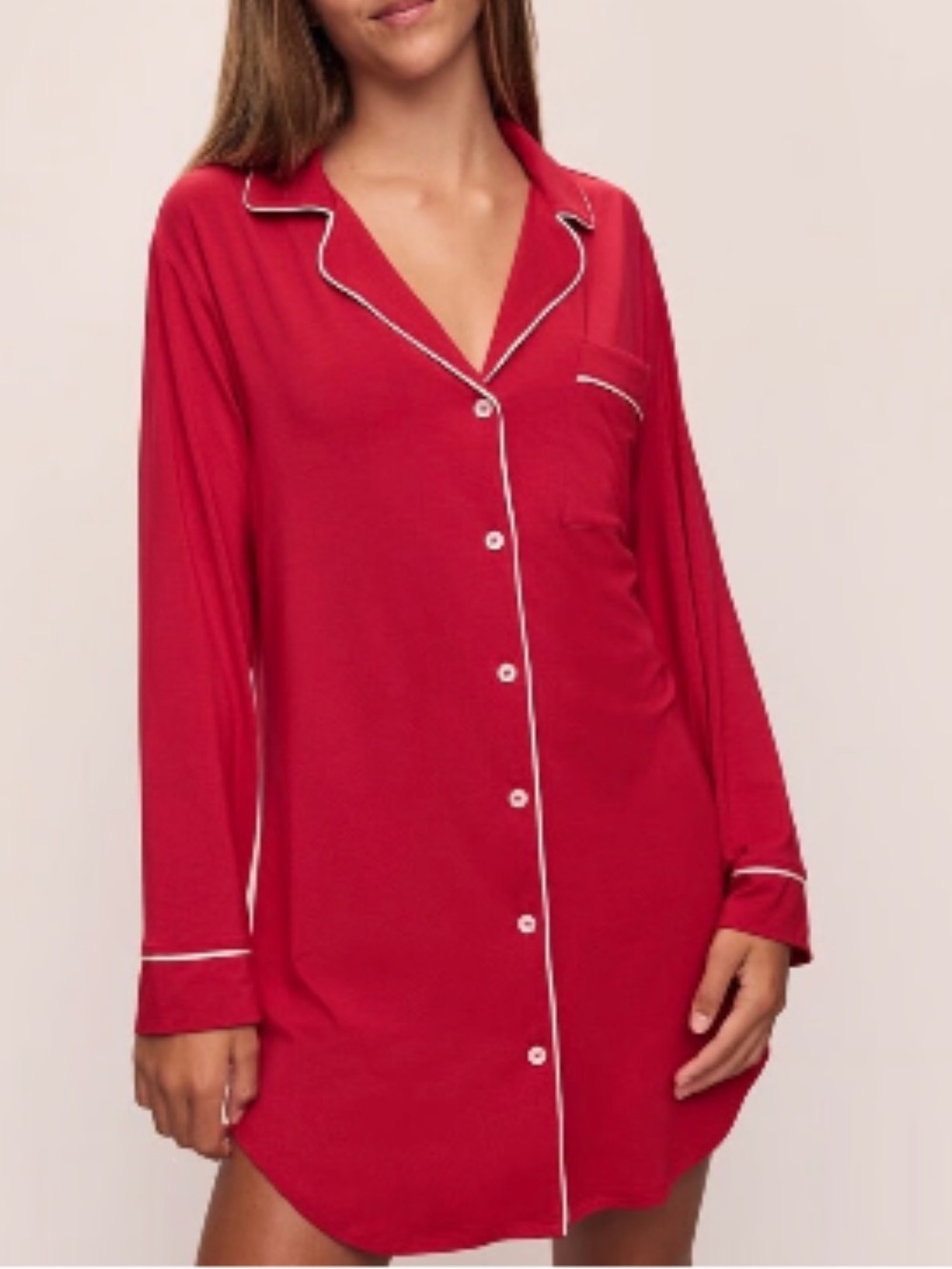 Victoria's Secret Sleepshirt Small Red Long-Slv ButtonUp Silver Pipn Nightgown